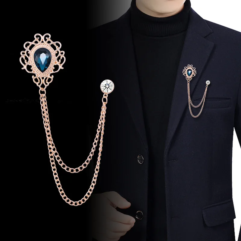 Vintage Fashion For Mens - Pin Kerah Kristal Berlian Imitasi Rantai