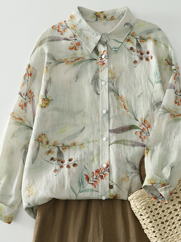 Vintage Fashion Influencer - Kemeja Wanita Lengan Panjang Longgar Motif