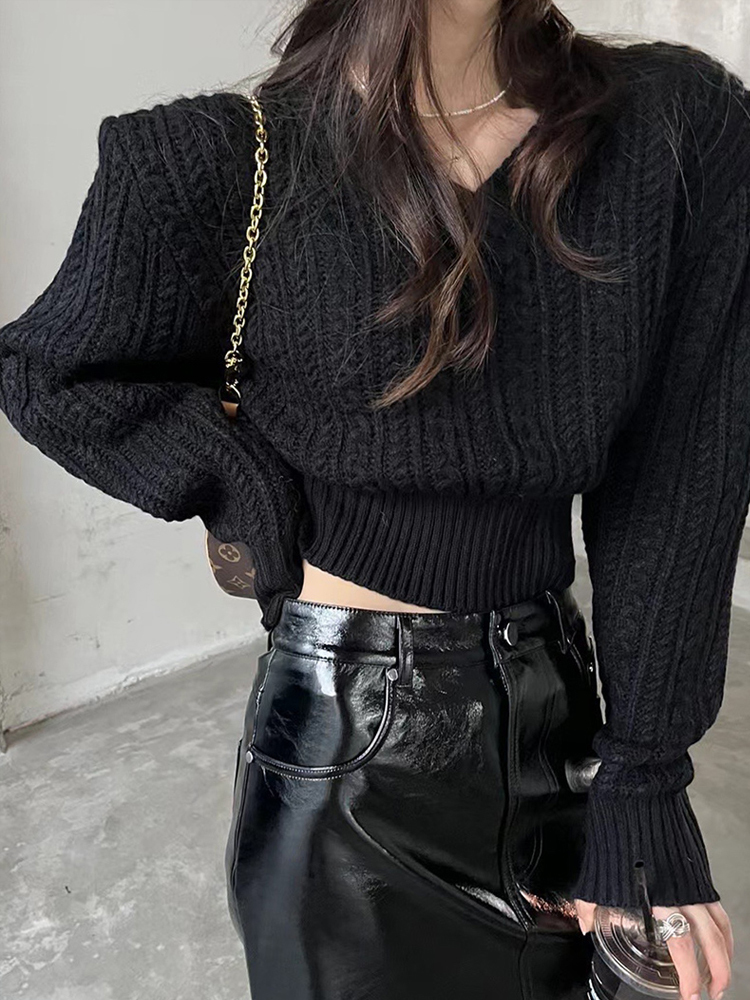 Sweater crop Neck V untuk wani - Vintage Fashion Old Money ulasan dan harga